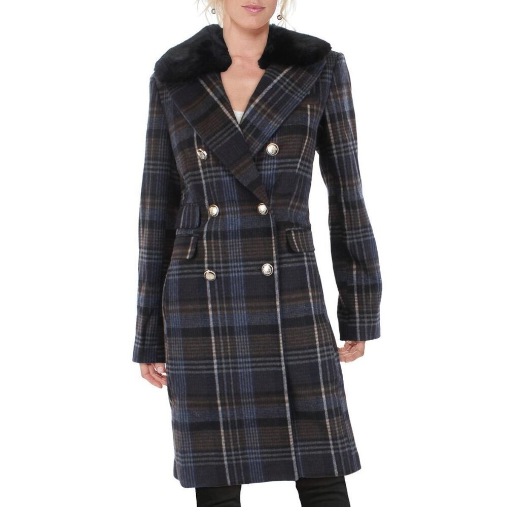 NWT Vince Camuto Plaid Wool-Blend Double-Breasted Fur-Collar Walker Coat, Sz XL
